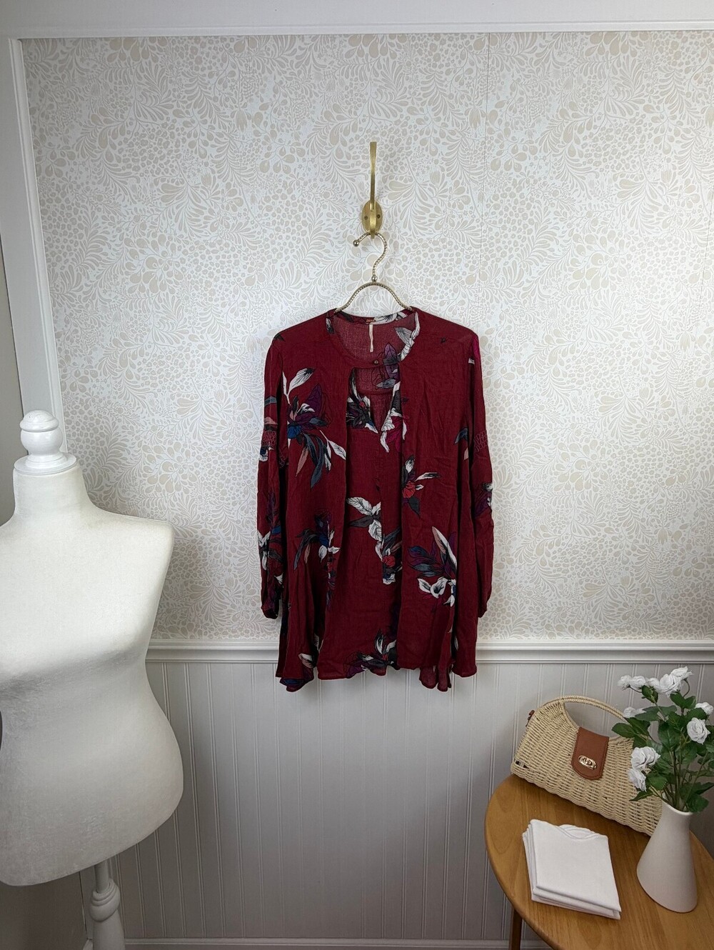 Free People Burgundy Floral Long Sleeve Tunic Dress - Size - XS